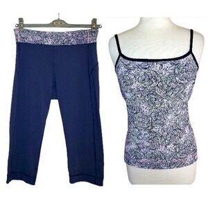 Lilly Pulitzer 2 PC Workout Set Pink Navy Floral Tank & Cropped Leggings L